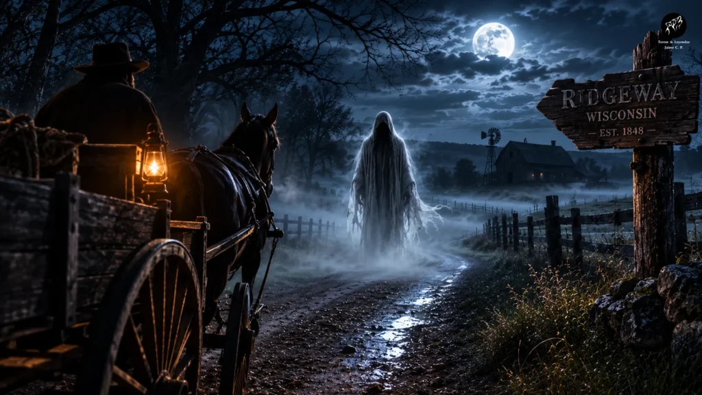 Fantasma de Ridgeway en un antiguo camino de Wisconsin bajo la luna llena