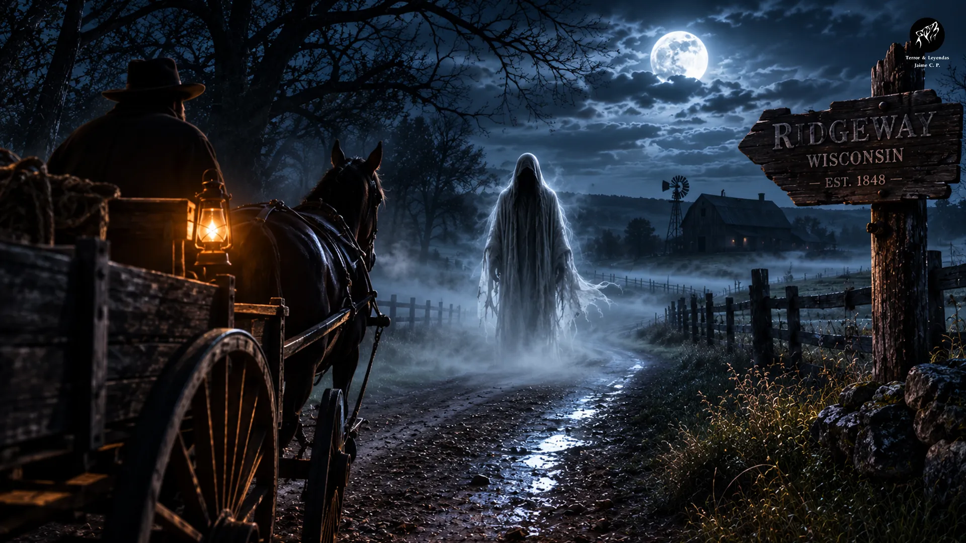 Il fantasma di Ridgeway su un'antica strada del Wisconsin sotto la luna piena
