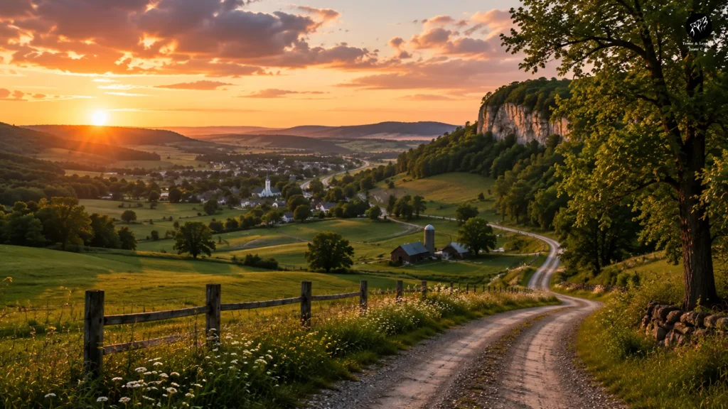 Paisaje rural de Ridgeway, Wisconsin, al atardecer