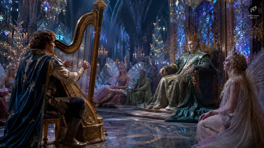 Sir Orfeo tocando el arpa ante el rey de las hadas para recuperar a Lady Heurodis.