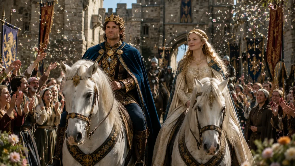 Sir Orfeo y Lady Heurodis regresando a Winchester a caballo tras su reencuentro.