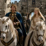 Sir Orfeo y Lady Heurodis regresando a Winchester a caballo tras su reencuentro.