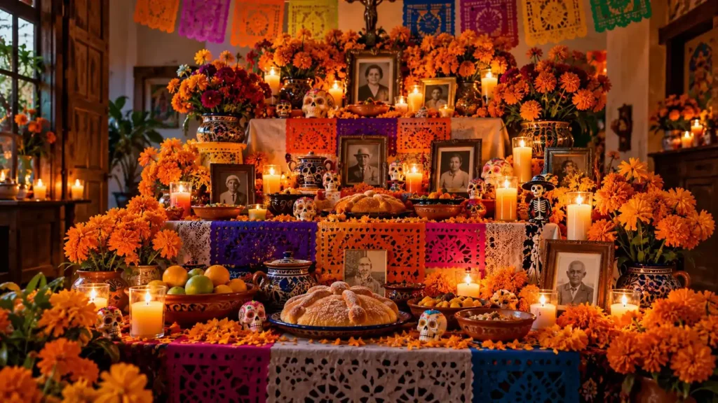 Ofrenda tradicional de Día de Muertos con flores de cempasúchil, veladoras, pan de muerto y fotografías familiares.